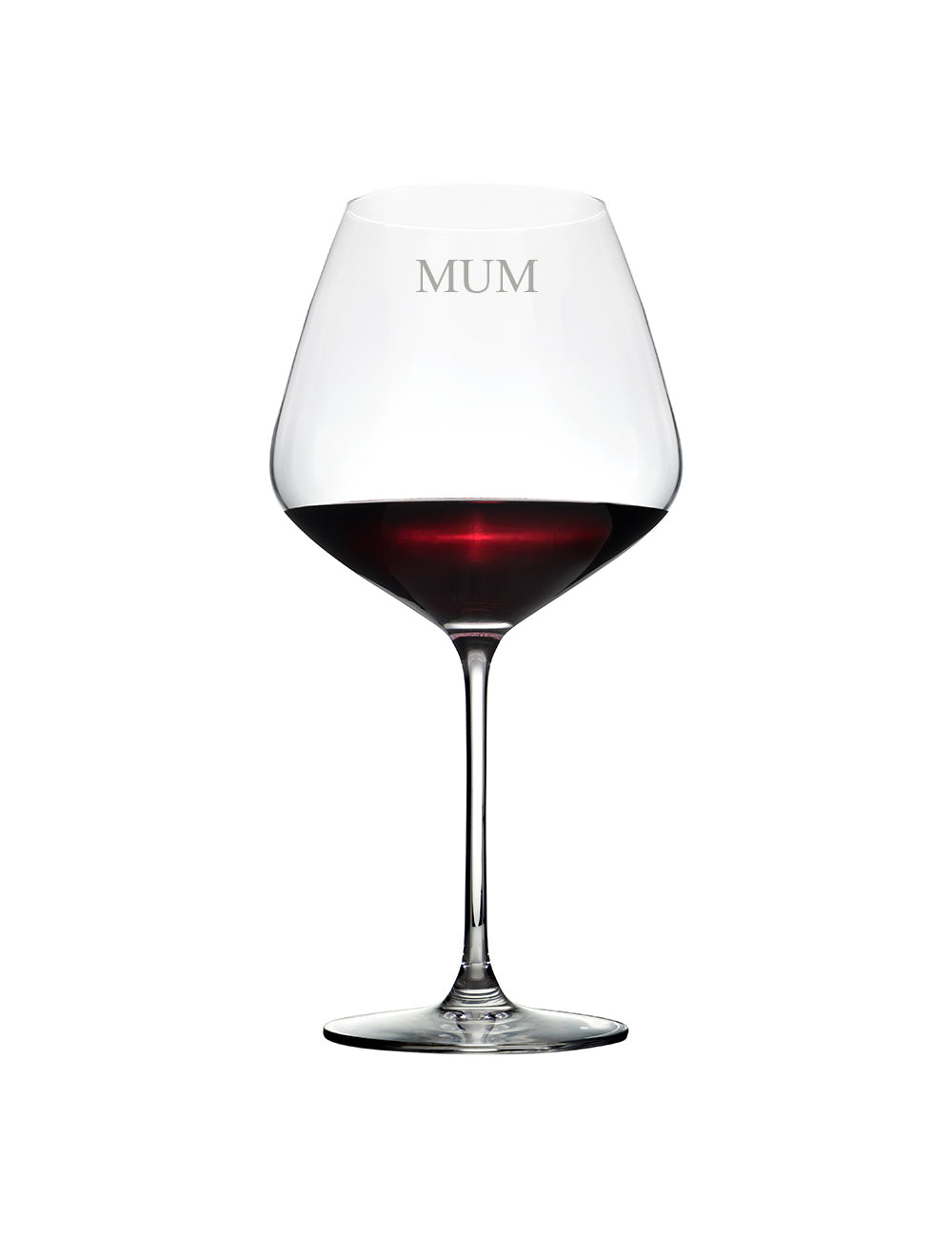 A clear red wine glass with the word 'MUM' engraved on it, filled with red liquid, showcasing an elegant stem.
