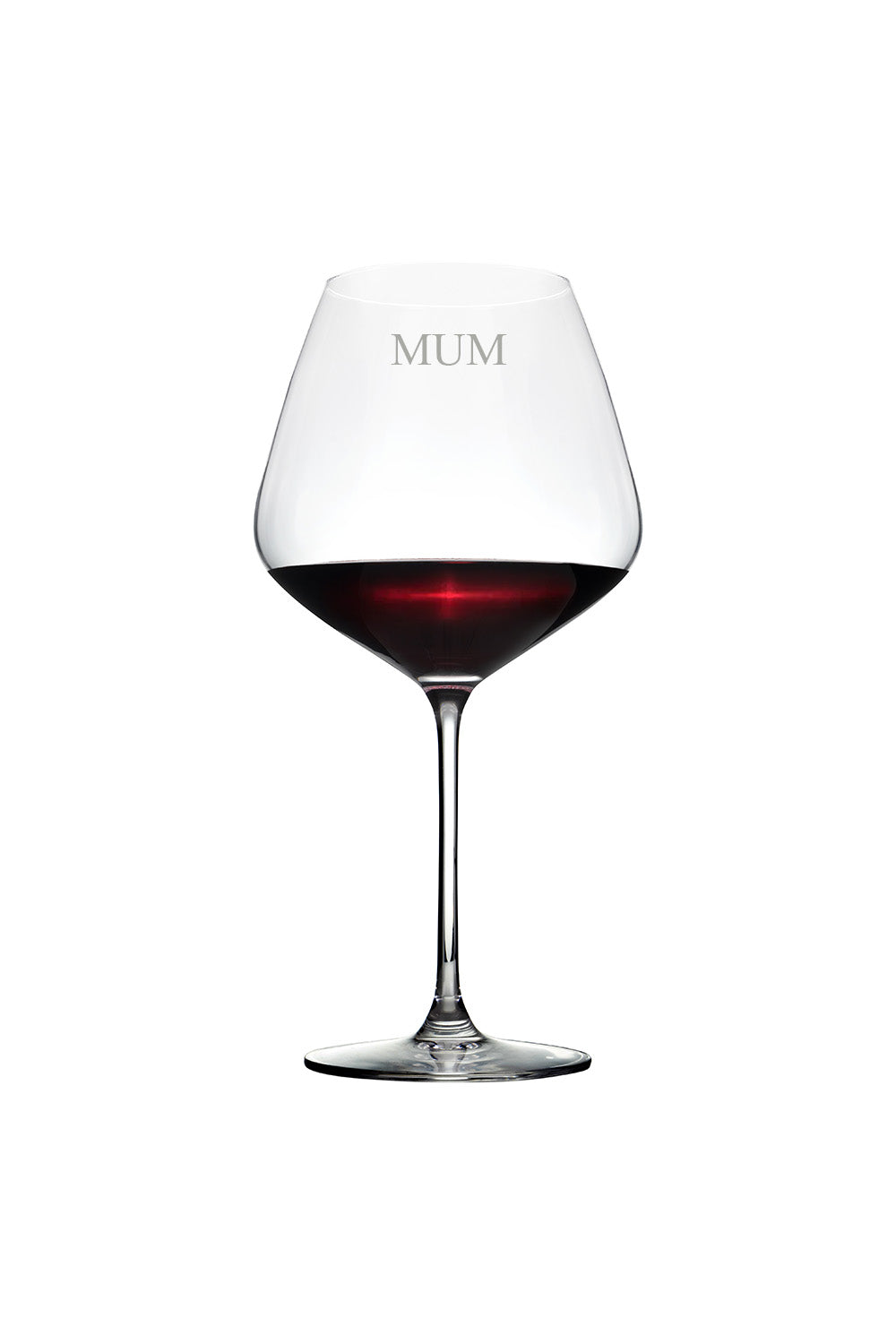 A clear red wine glass with the word 'MUM' engraved on it, filled with red liquid, showcasing an elegant stem.