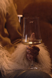 Person holding a wine glass with 'sw' text in a warm-toned setting